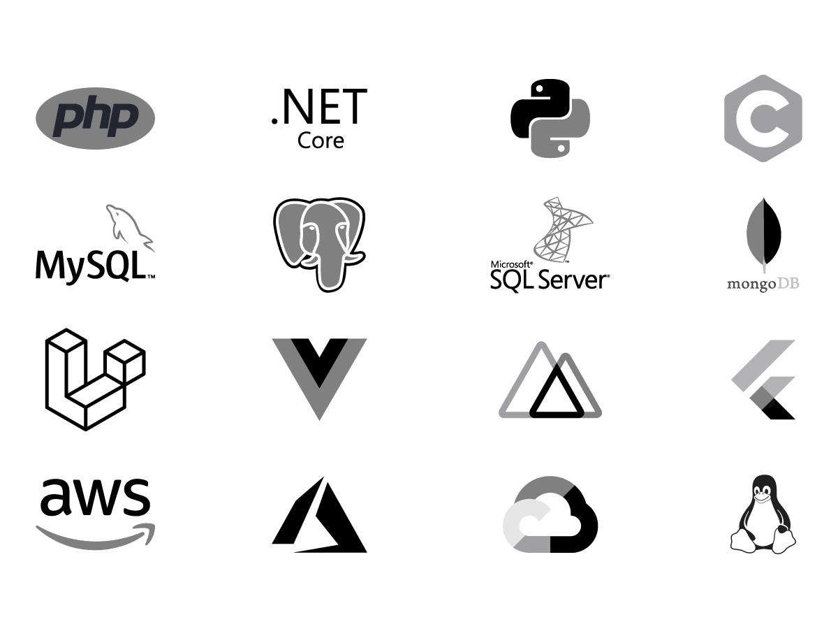 Loghi delle tecnologie adottate per la realizzazione dei nostri prodotti. PHP, Laravel, Python